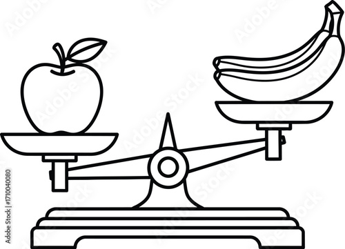 Simple illustration of a balance scale weighing an apple against a bunch of bananas, representing comparison or choice.