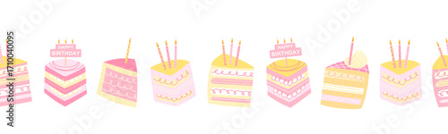 Seamless border with layered birthday cakes decorated with candles and frosting. Cute design for header, party invitations, greeting cards, posters, mailing and festive holiday decor