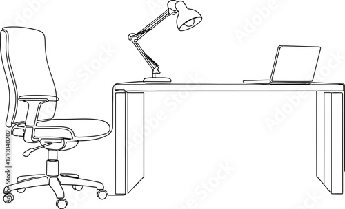 Modern minimalist office desk with laptop and adjustable lamp, ready for productivity.