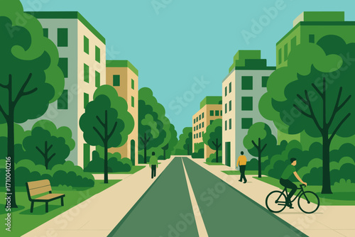 Green city street with people walking and riding bicycles, eco friendly urban lifestyle and sustainable transportation concept, vector illustration