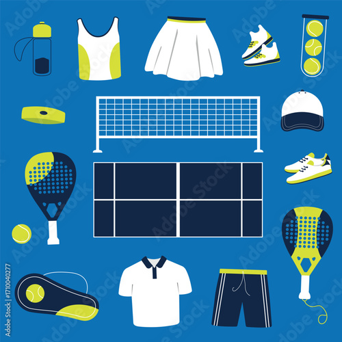 Vector set of padel and tennis sports equipment, sportswear, on a blue background.