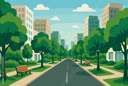 Modern city street with tall buildings and green trees along the road, clean urban environment and eco cityscape concept, vector illustration