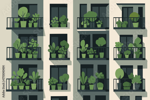 Apartment building with balconies filled with potted green plants, urban gardening and eco living concept, vector illustration