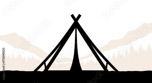 A silhouette of a teepee tent in front of a mountain range, creating a serene and minimalist outdoor scene, perfect for camping and adventure themes