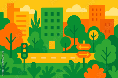Colorful eco cityscape with buildings, traffic light, trees and road signs, urban nature and sustainability concept, vector illustration