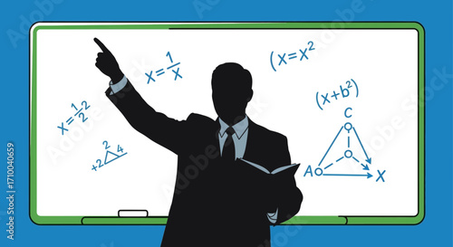 A teacher in a suit stands in front of a whiteboard filled with mathematical equations and diagrams, pointing and holding a book.