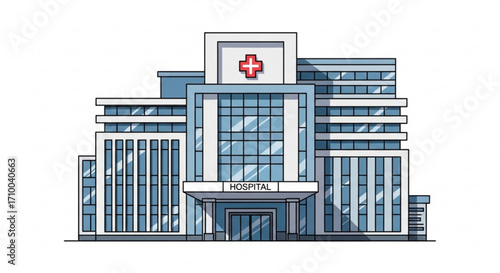 Illustration of a hospital building with a red cross on top, the building has a modern design with large windows