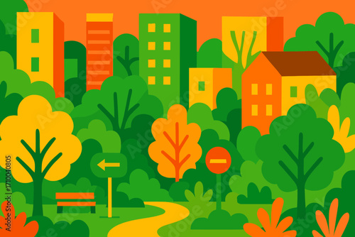 Bright eco city park with walking path, trees, colorful buildings and traffic signs, urban greenery and environment care concept, vector illustration