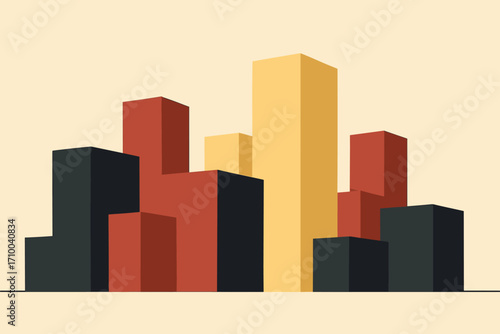 Minimal city skyline with geometric high-rise buildings in warm tones, modern downtown architecture concept, vector illustration