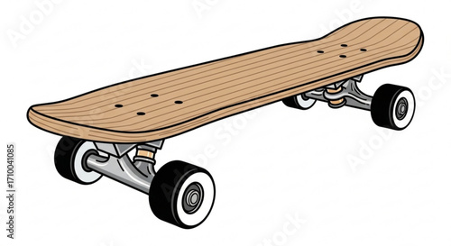Illustration of a skateboard, showcasing its wooden deck, wheels, and trucks in a detailed and graphic style