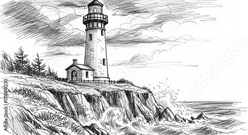 Hand drawn sketch of a lighthouse on a cliff overlooking the ocean with crashing waves and a cloudy sky, a serene coastal scene in monochrome