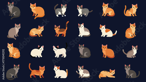A set of colorful cat with different positions and looks