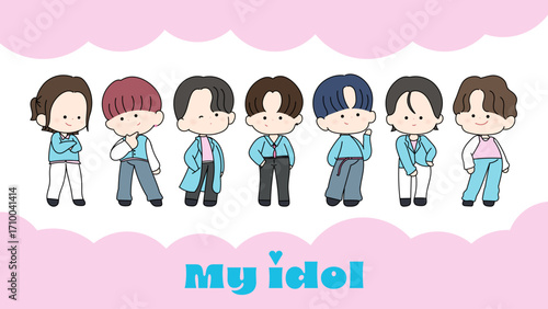 男性アイドルキャラクターのイラスト 7人組ゆるかわKPOPアイドル