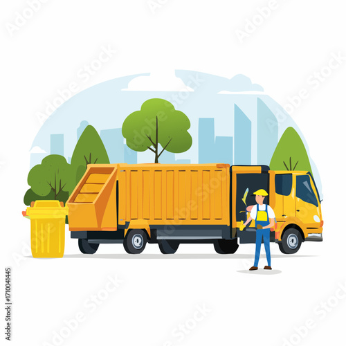 Trash utility, disposal and recycling concept set. Waste collector worker, recycling trash bin and garbage truck collection. Vector illustration.