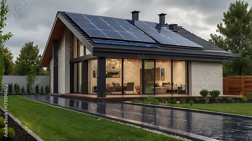 Modern home design with solar panels contemporary architecture energy efficient house sustainable living