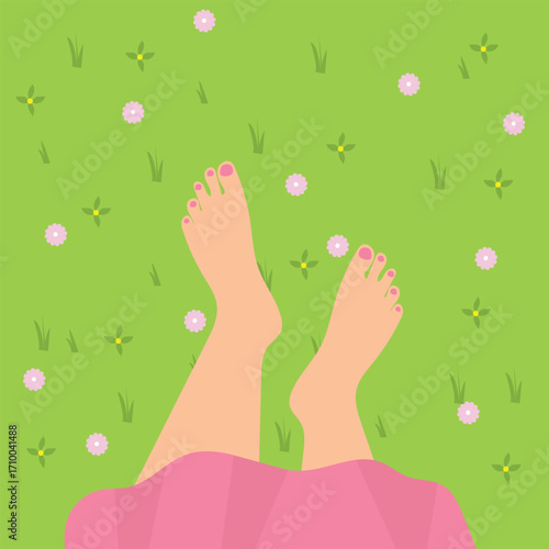 Woman legs on green grass with  flowers. woman walk barefoot on fresh green grass Vector  illustration