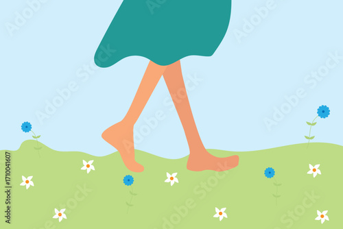 Woman legs on green grass with  flowers. woman walk barefoot on fresh green grass Vector  illustration