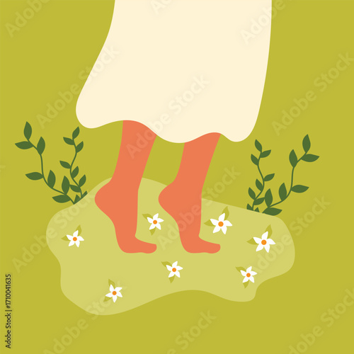 Woman legs on green grass with  flowers. woman walk barefoot on fresh green grass Vector  illustration