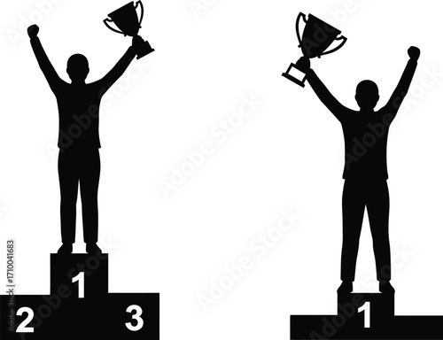 Two silhouettes celebrating victory with trophies on podiums first place shown
