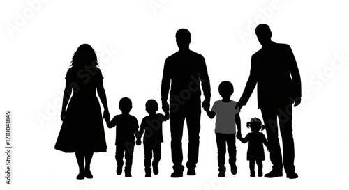 Silhouette of a family with children holding hands, represents family values, unity, and togetherness