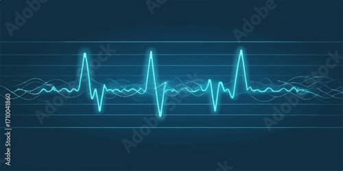 Medical illustration of a heartbeat pulse wave on a green ECG monitor line, demonstrating a cardiogram rate and rhythm for healthcare