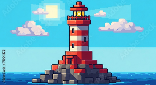 Pixel art lighthouse on a rocky island in the sea with clouds and sun in the background, a charming and nostalgic scene in 8bit style