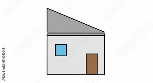 Simple cartoon drawing of a house with a gray roof, a blue window, and a brown door