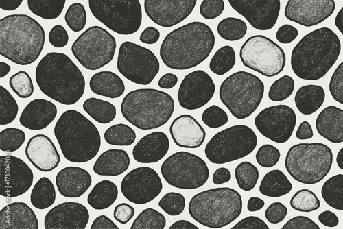 Seamless pattern with hand drawn black pebbles and stones, natural rock texture background for surface design, vector illustration
