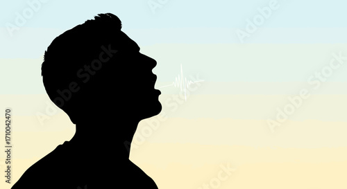 Silhouette of a person's head in profile looking up towards the sky with an open mouth, conveying hope and inspiration.