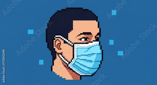 Pixel art illustration of a man wearing a blue surgical mask, set against a blue background with scattered blue squares, depicting health and safety