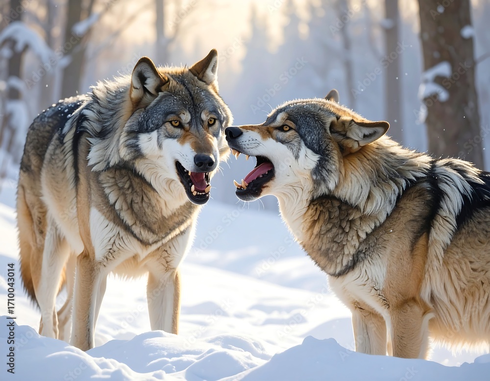 Naklejka premium Majestic wolves in a snowy winter landscape