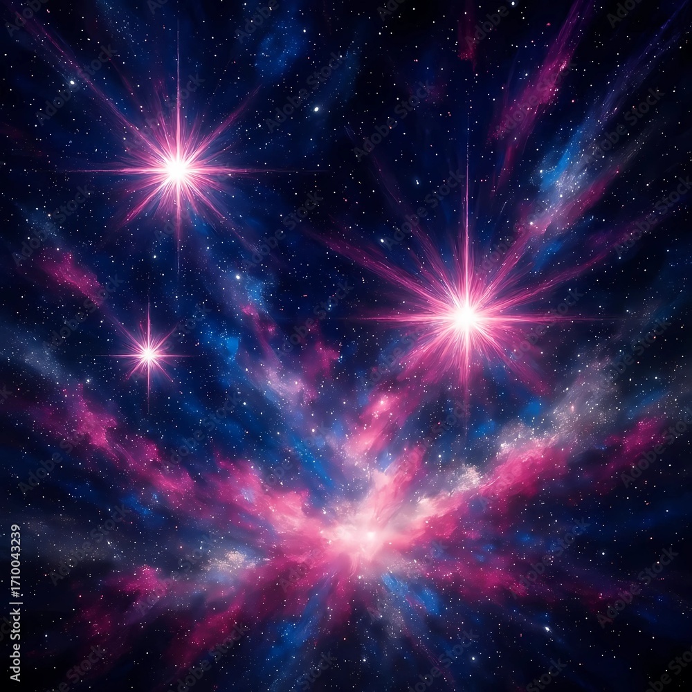 Fototapeta premium Abstract galaxy wallpaper with bright star bursts, cosmic dust clouds in pink, blue, and silver, dynamic movement and glowing effects