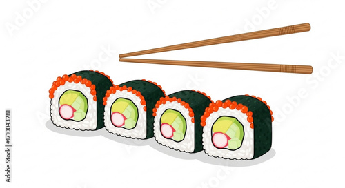 Illustration of a sushi roll with avocado and crab stick, served with chopsticks japanese cuisine and food culture