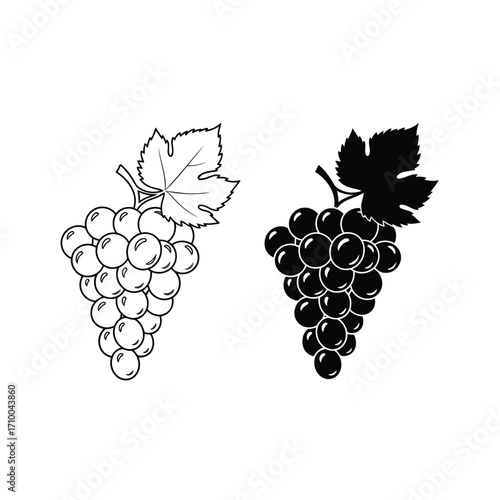 Two bunches of grapes, one depicted as a black outline and the other as a solid black silhouette.
