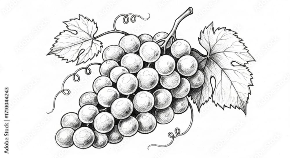 Fototapeta premium Hand drawn grape branch botanical illustration of grapes with leaves vector sketch of grape