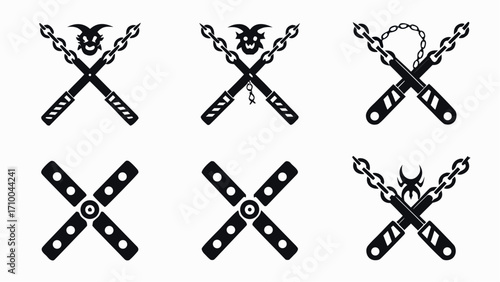 Illustrations of crossed nunchucks with chains and skull or circular cross designs in black and white style silhouette