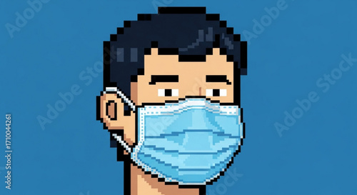Pixel art of a man wearing a surgical mask against a blue background, a symbol of protection and health during the pandemic era