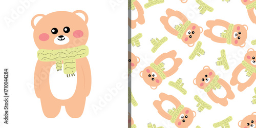 Wallpaper Mural Cute card and pattern cartoon bear wears a scarf for autumn vibe wallpaper Torontodigital.ca
