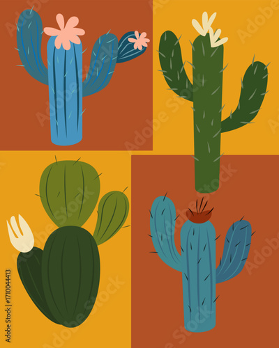 Poster with hand-drawn cacti of various colors and sizes. Multicolored cacti with flowers. Desert flowers. Abstract images.