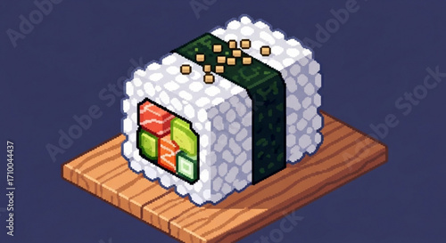Pixel art sushi roll on wooden board, digital illustration of japanese food with rice and seaweed, asian cuisine concept