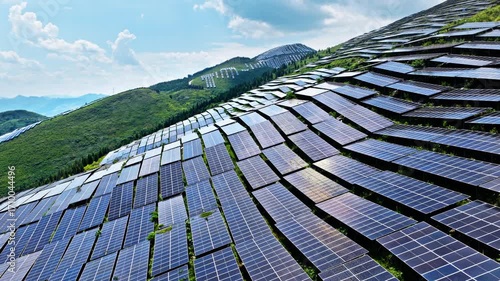 Aerial shot of a large solar farm with photovoltaic panels covering the green mountain slopes, generating clean and renewable electricity under blue sky.