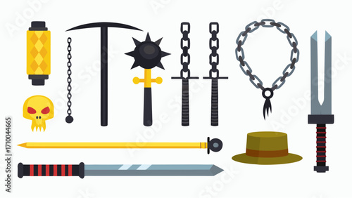 A collection of various medieval weapons and accessories including swords flails and a skull lantern silhouette