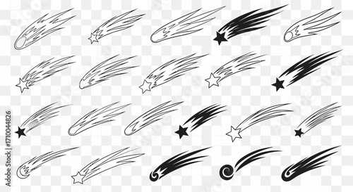 Seamless Vector Pattern of Drawn Style Shooting Star Comet Icons in Black and White Decorative Abstract Sky Design