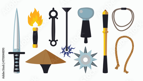 Illustration of various weapons and tools including a sword torch and throwing stars on a white background silhouette