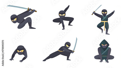 A collection of six cartoon ninjas in various poses with swords on a white background illustration silhouette