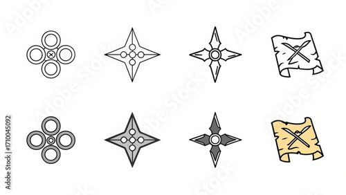 A collection of ninja stars and scrolls in various styles arranged in a grid pattern on white background silhouette