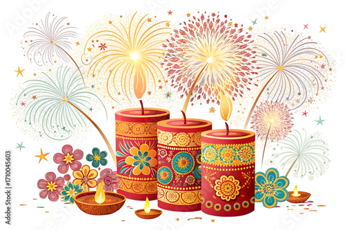 A vibrant illustration of diwali candles and fireworks creates a festive atmosphere isolated on transparent background