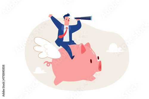 businessman with telescope riding a flying piggy bank