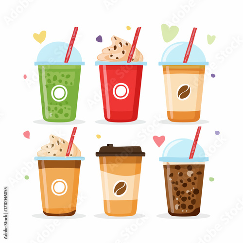 Various cold and hot drinks set. Collections of whipped instant, cold brew coffee, bubble tea, cappuccino, iced latte and other beverages in plastic cup, paper mug, glass. Vector illustration.