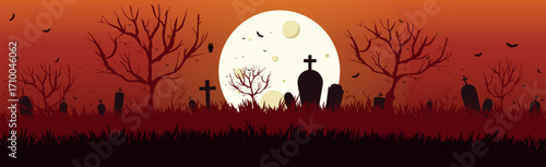 Scary gloomy night abandoned cemetery in the light of the moon - Illustration